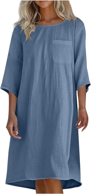 hlysgo Womens Vacation Dress 2025 Summer Casual 3/4 Sleeve Mini Dresses Loose Comfy Knee Length Beach Dress with Pockets