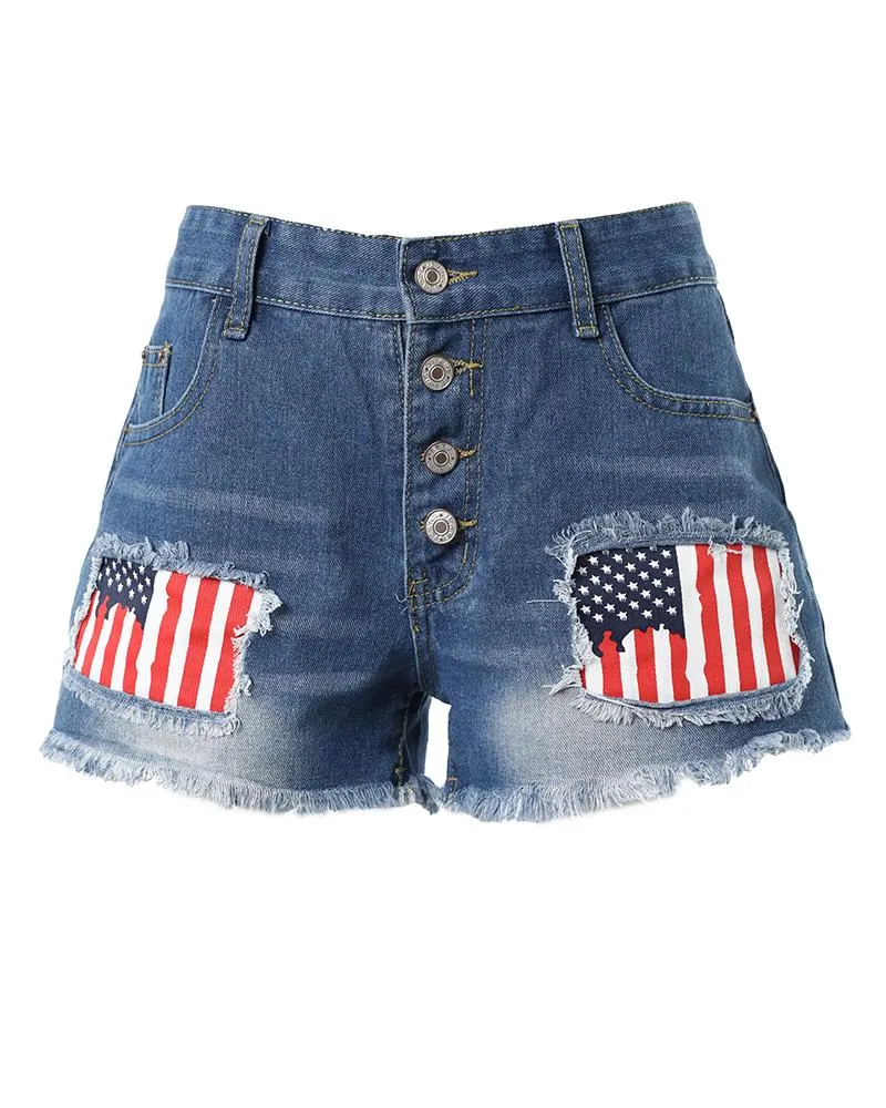 Independence Day Flag Print Buttoned Fringe Denim Shorts