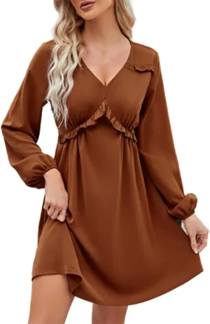 JOAU Women's Long Puff Sleeve V Neck Ruffle High Waist Casual Party Dress Fashion Lightweight Elegant A-Line Mini Dresses