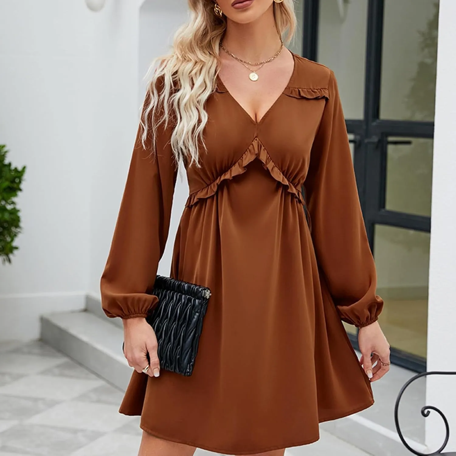 JOAU Women's Long Puff Sleeve V Neck Ruffle High Waist Casual Party Dress Fashion Lightweight Elegant A-Line Mini Dresses