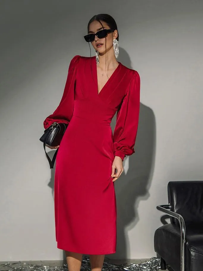 Lantern Sleeve Red Mid-Length Dress