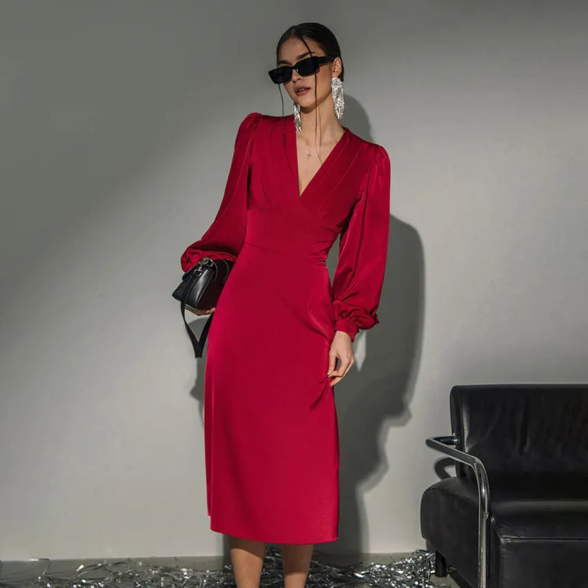 Lantern Sleeve Red Mid-Length Dress
