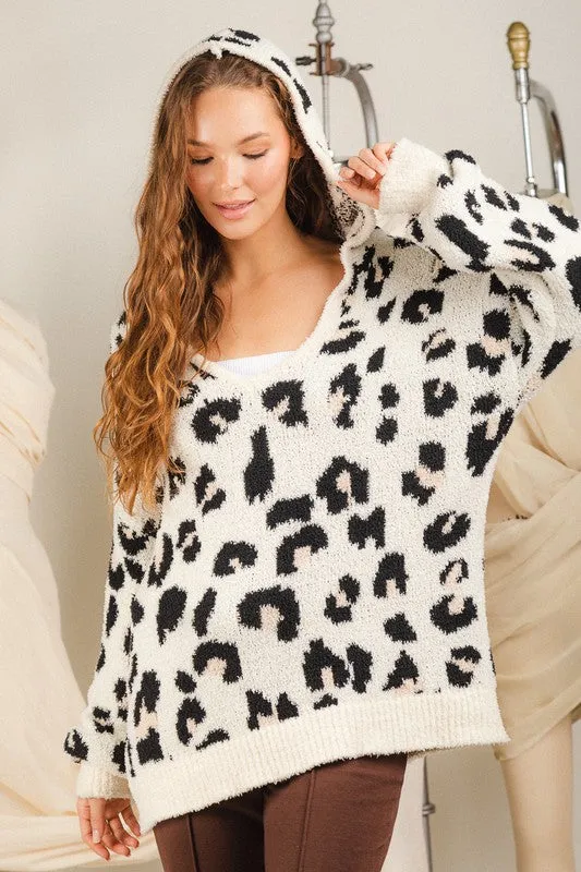 Leopard Knit Hooded Sweatshirt