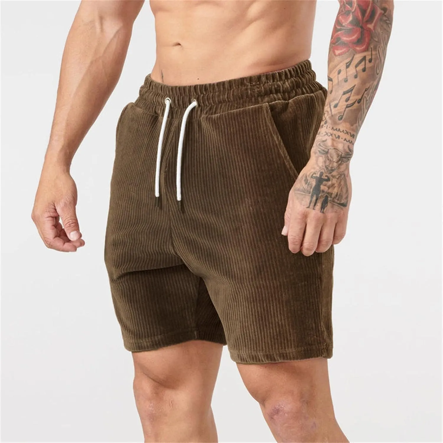 Men's Corduroy Athletic Shorts Gym Workout Drawstring Shorts Slim Fit Elastic Waist Pants Casual Running Sweat Pants
