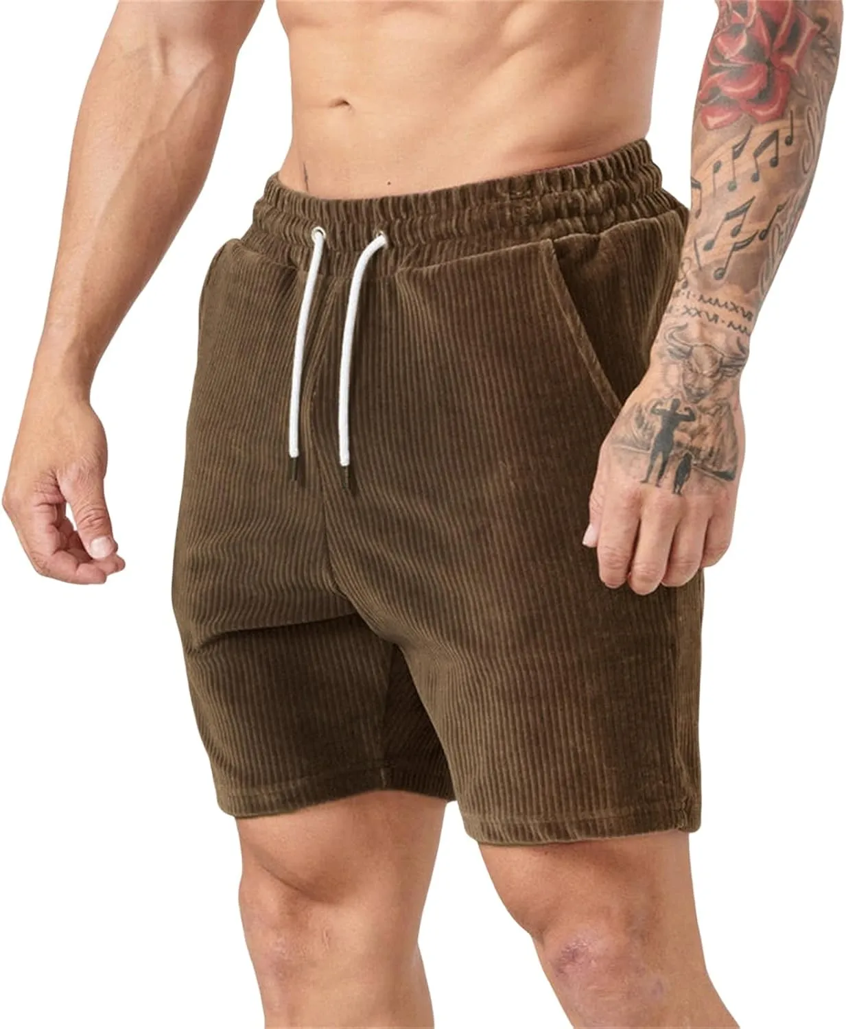 Men's Corduroy Athletic Shorts Gym Workout Drawstring Shorts Slim Fit Elastic Waist Pants Casual Running Sweat Pants