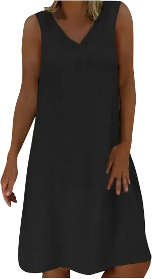 Mini Dresses for Women 2025 Summer Plus Size Sleeveless V Neck Mini Dress Casual Loose Cotton Linen Beach Sundress