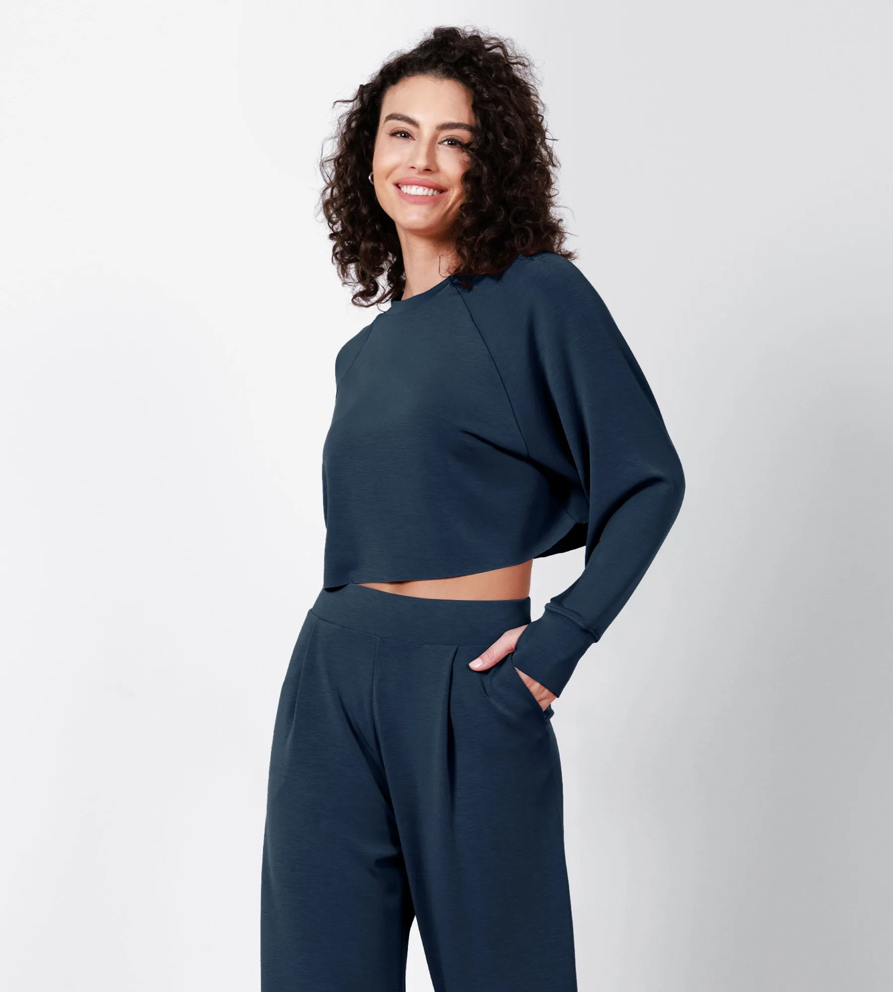 Modal Soft Long Sleeve Cropped Sweatshirts with Thumb Hole