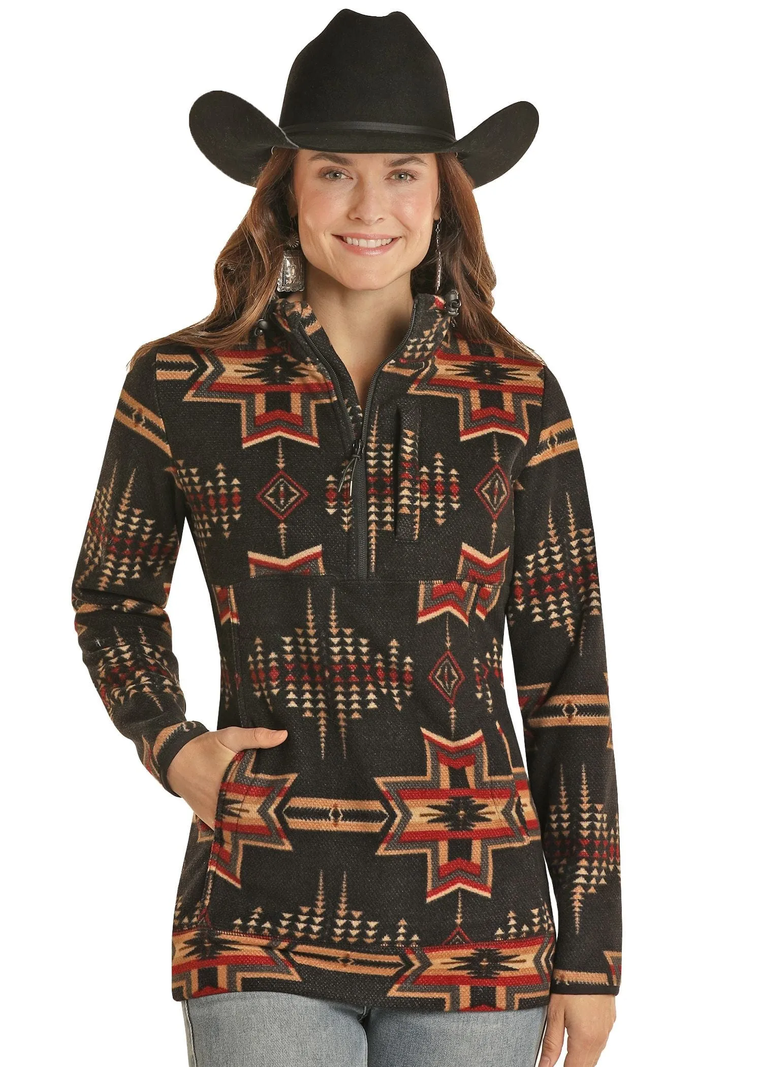 Powder River Womens Black Aztec Printed Fleece Pullover
