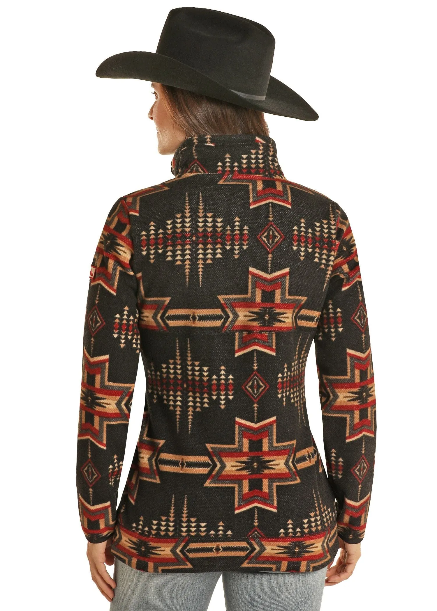Powder River Womens Black Aztec Printed Fleece Pullover