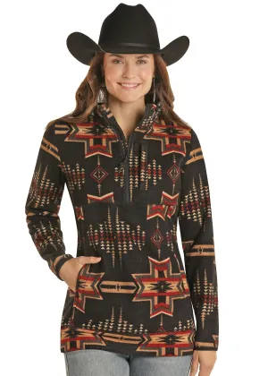 Powder River Womens Black Aztec Printed Fleece Pullover