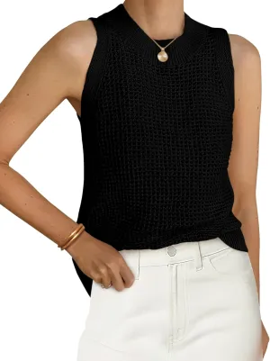 PRETTYGARDEN Summer Crochet Tank Tops for Women 2025 Casual Crewneck Hollow Out Loose Knit Sleeveless Sweater Vest Top Trendy
