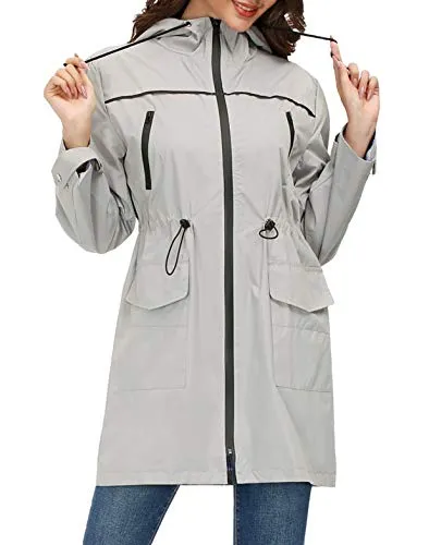 Rain Jacket Women Waterproof Hooded Raincoat Trench Coats Active Outdoor Windbreaker Grey M