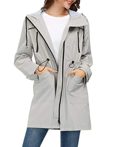 Rain Jacket Women Waterproof Hooded Raincoat Trench Coats Active Outdoor Windbreaker Grey M