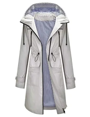 Rain Jacket Women Waterproof Hooded Raincoat Trench Coats Active Outdoor Windbreaker Grey M
