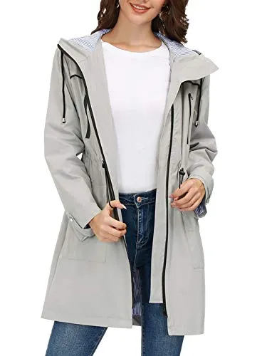 Rain Jacket Women Waterproof Hooded Raincoat Trench Coats Active Outdoor Windbreaker Grey M