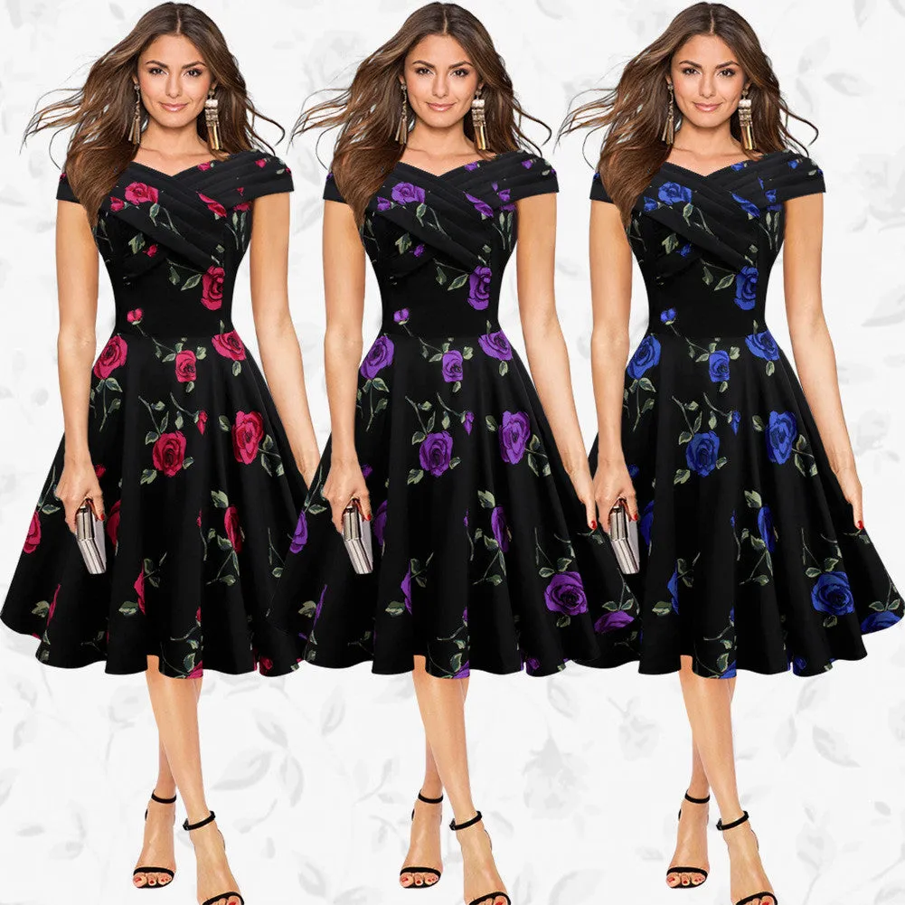 Retro A-Line Roses Print Short-Sleeved Dress