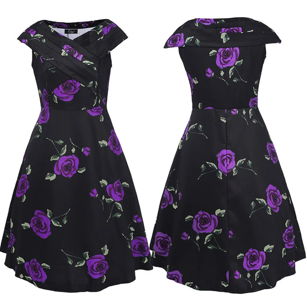 Retro A-Line Roses Print Short-Sleeved Dress