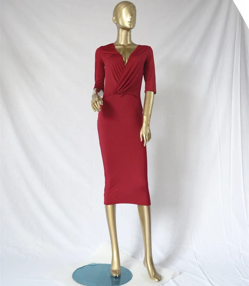 Sexy Wrap Deep V Neck 1/2 Sleeves Bodycon Multi Dress