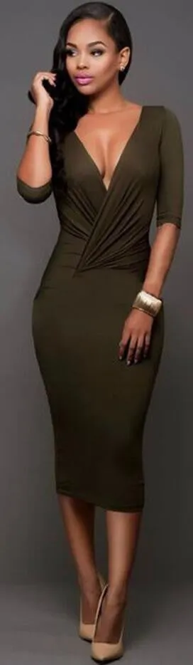 Sexy Wrap Deep V Neck 1/2 Sleeves Bodycon Multi Dress