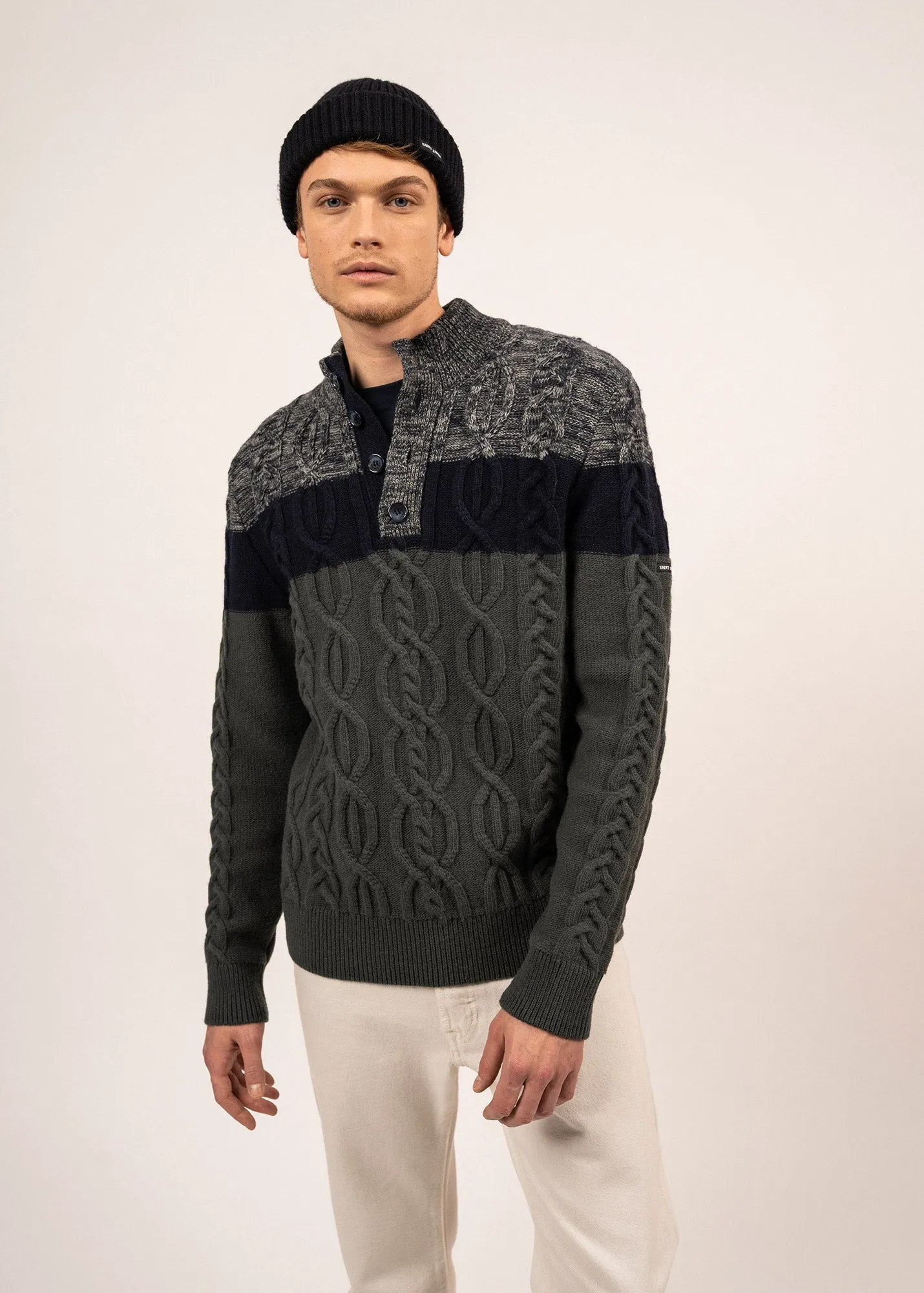 Sherbrooke tricolour jumper - swirled, in wool (VEGETAL CHINE/NAVY)
