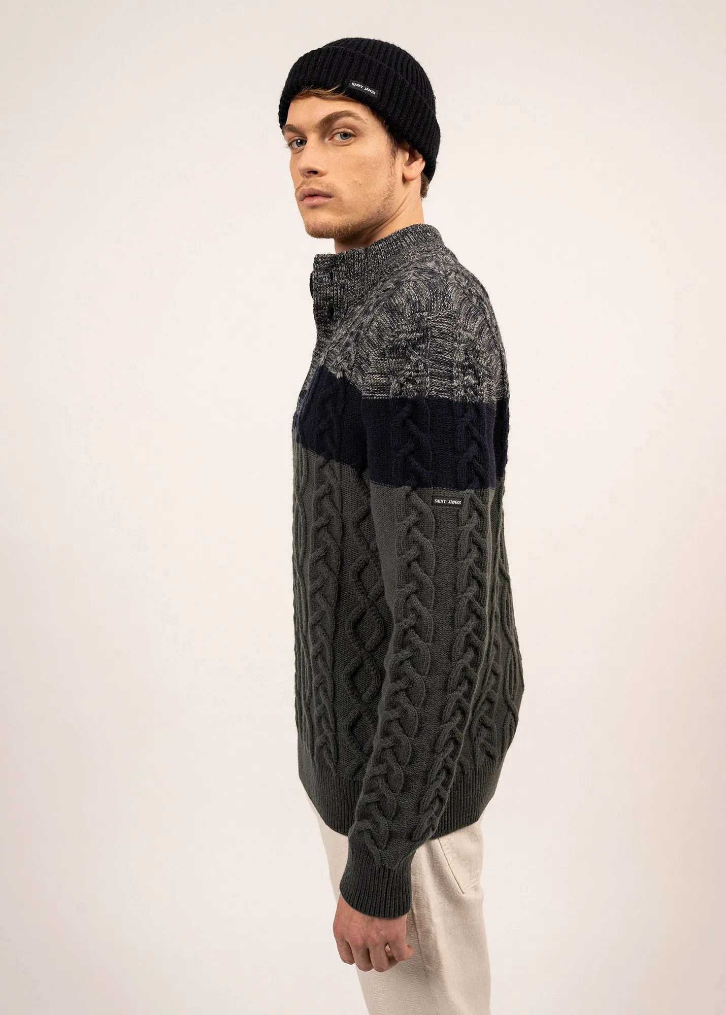 Sherbrooke tricolour jumper - swirled, in wool (VEGETAL CHINE/NAVY)