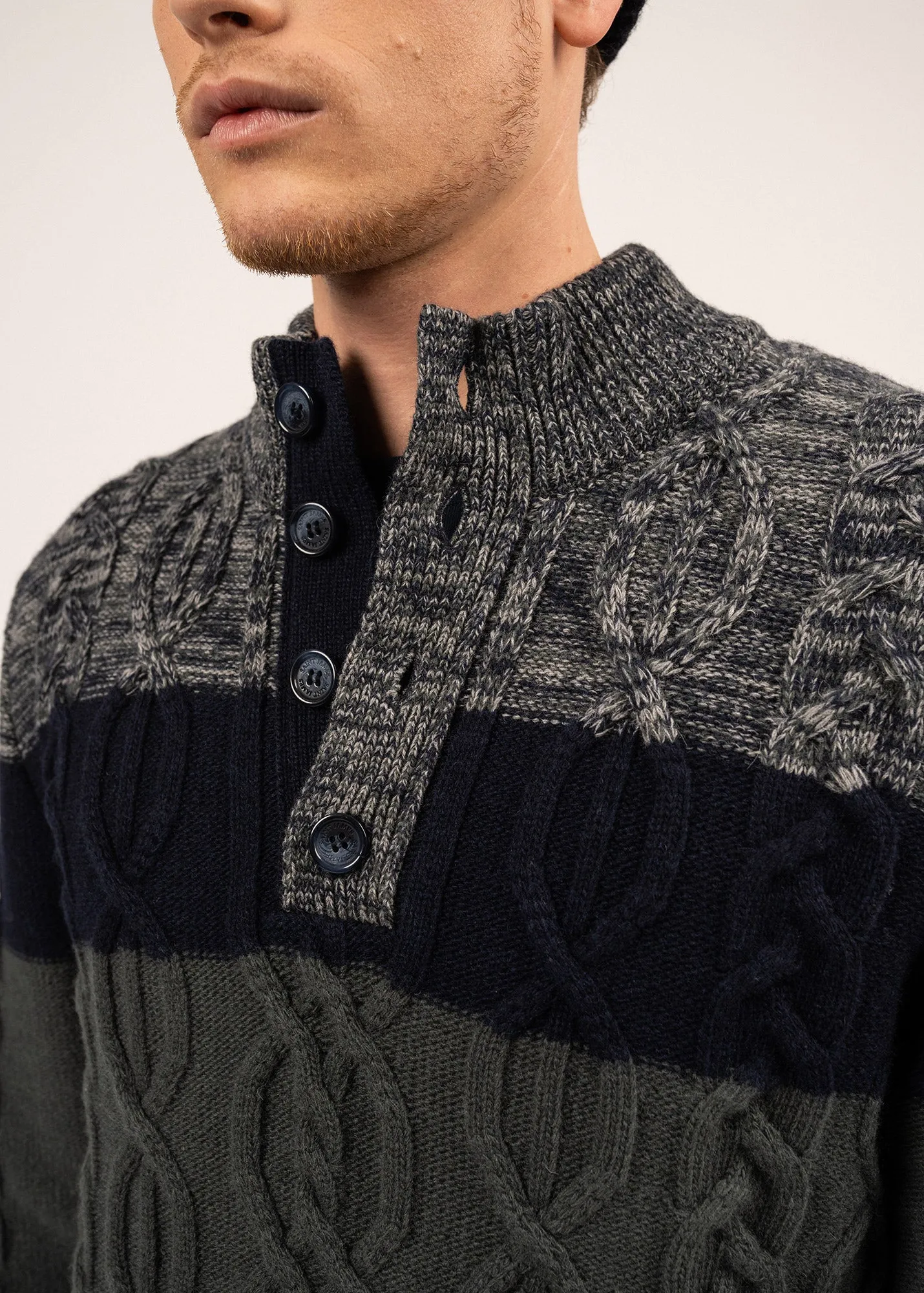Sherbrooke tricolour jumper - swirled, in wool (VEGETAL CHINE/NAVY)