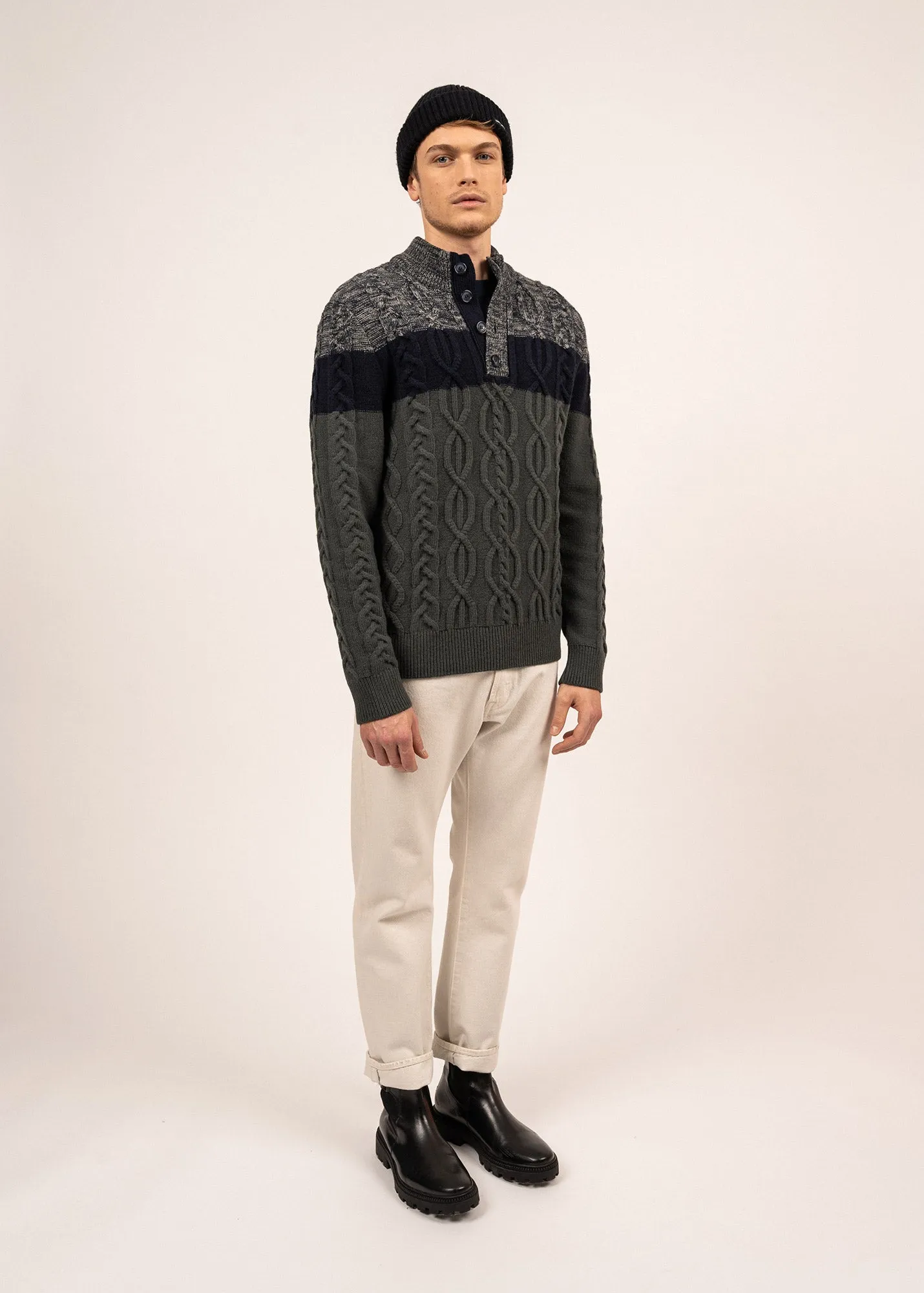 Sherbrooke tricolour jumper - swirled, in wool (VEGETAL CHINE/NAVY)