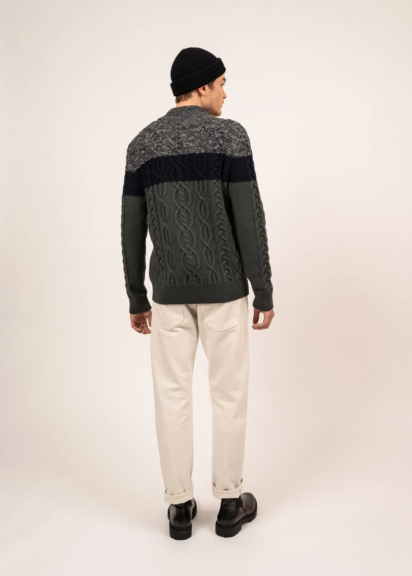 Sherbrooke tricolour jumper - swirled, in wool (VEGETAL CHINE/NAVY)