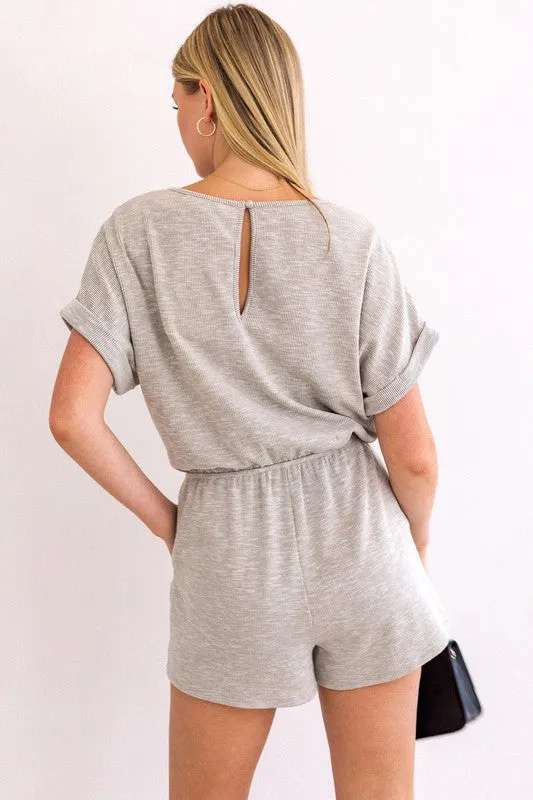 Short Roll-Up Sleeve Elastic Waist Romper * Online Only*