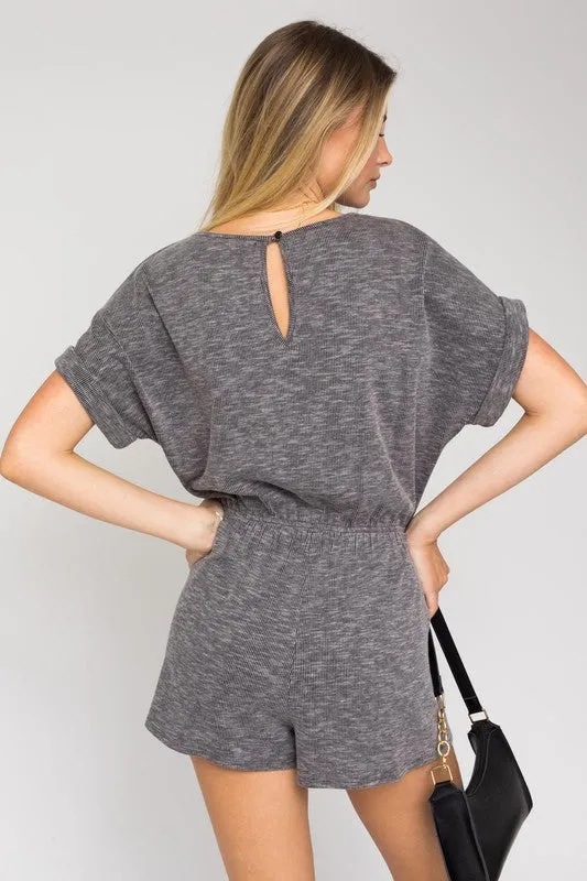 Short Roll-Up Sleeve Elastic Waist Romper * Online Only*