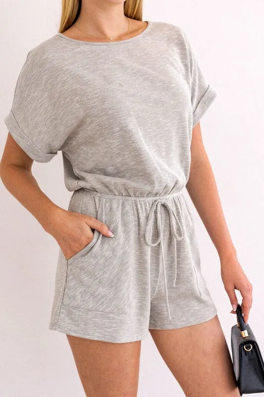 Short Roll-Up Sleeve Elastic Waist Romper * Online Only*