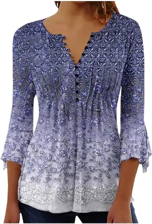 SMIDOW 3/4 Sleeve t-Shirt Shirts For Women Casual Summer Trendy Graphic Tees Floral Print v Neck Empire Waist Tunic Tops
