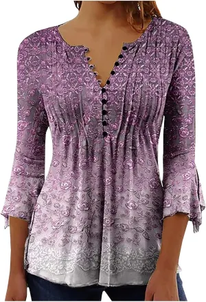 SMIDOW 3/4 Sleeve t-Shirt Shirts For Women Casual Summer Trendy Graphic Tees Floral Print v Neck Empire Waist Tunic Tops