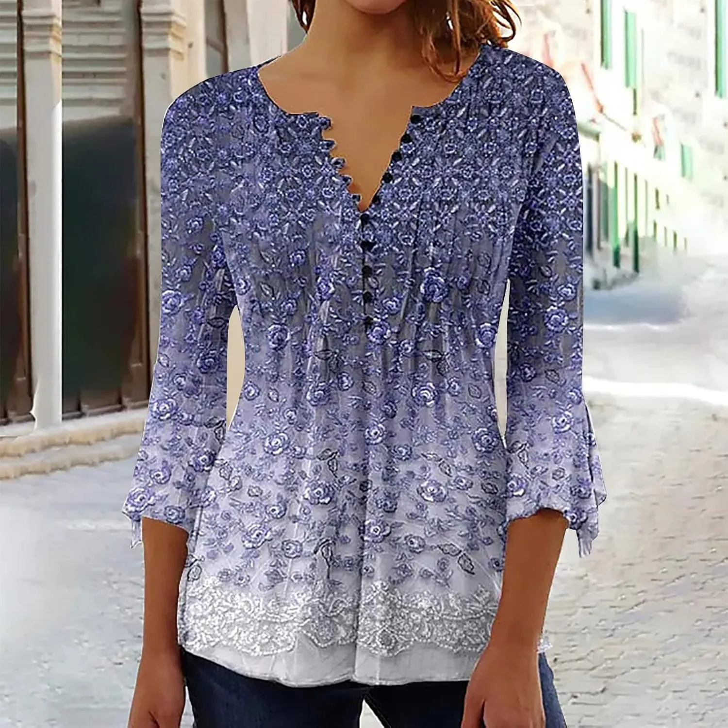 SMIDOW 3/4 Sleeve t-Shirt Shirts For Women Casual Summer Trendy Graphic Tees Floral Print v Neck Empire Waist Tunic Tops