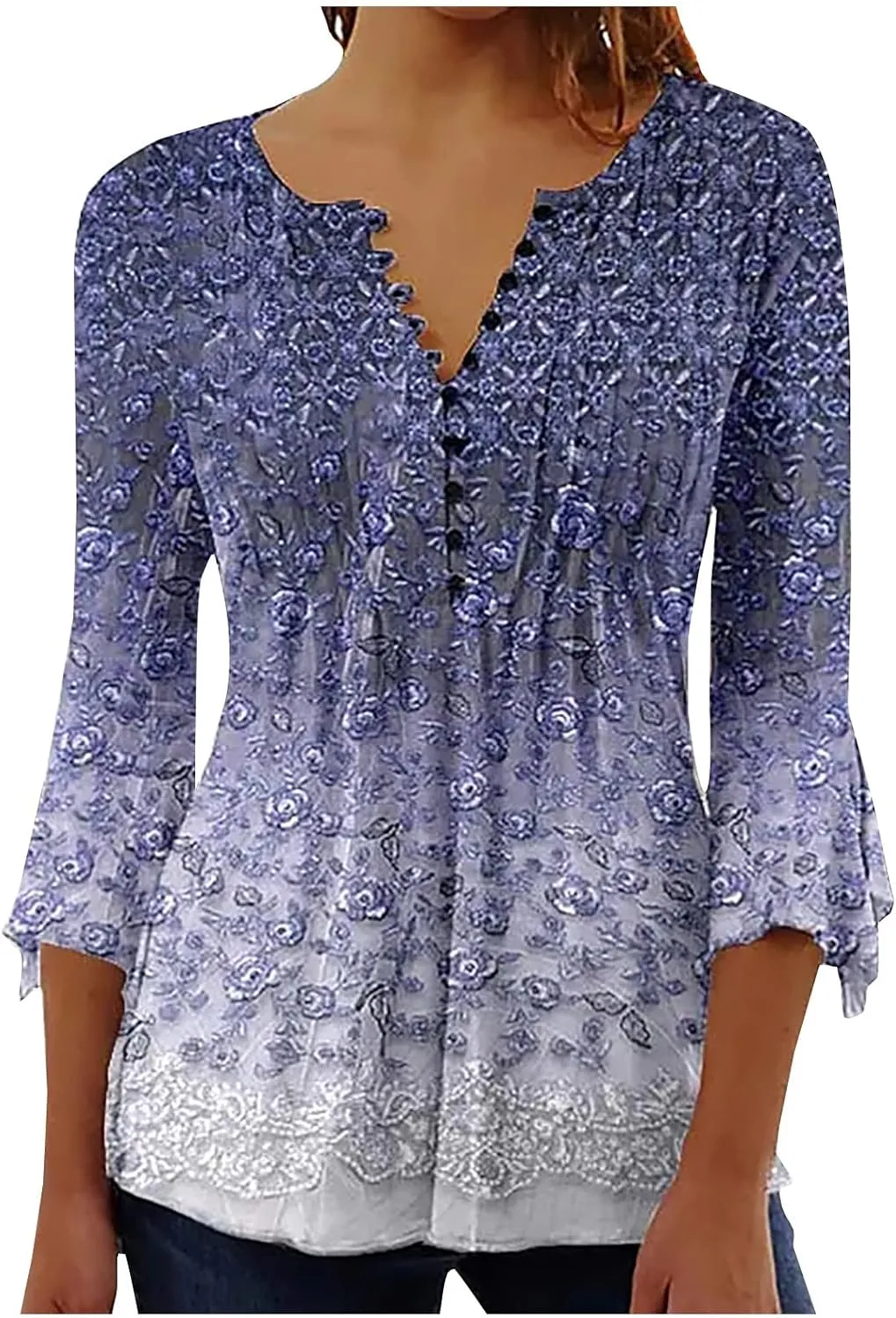 SMIDOW 3/4 Sleeve t-Shirt Shirts For Women Casual Summer Trendy Graphic Tees Floral Print v Neck Empire Waist Tunic Tops