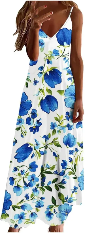 Summer Dresses for Women 2025 Vacation Plus Size Sleeveless Floral Slip Boho Maxi Dress Casual V Neck Beach Sundress