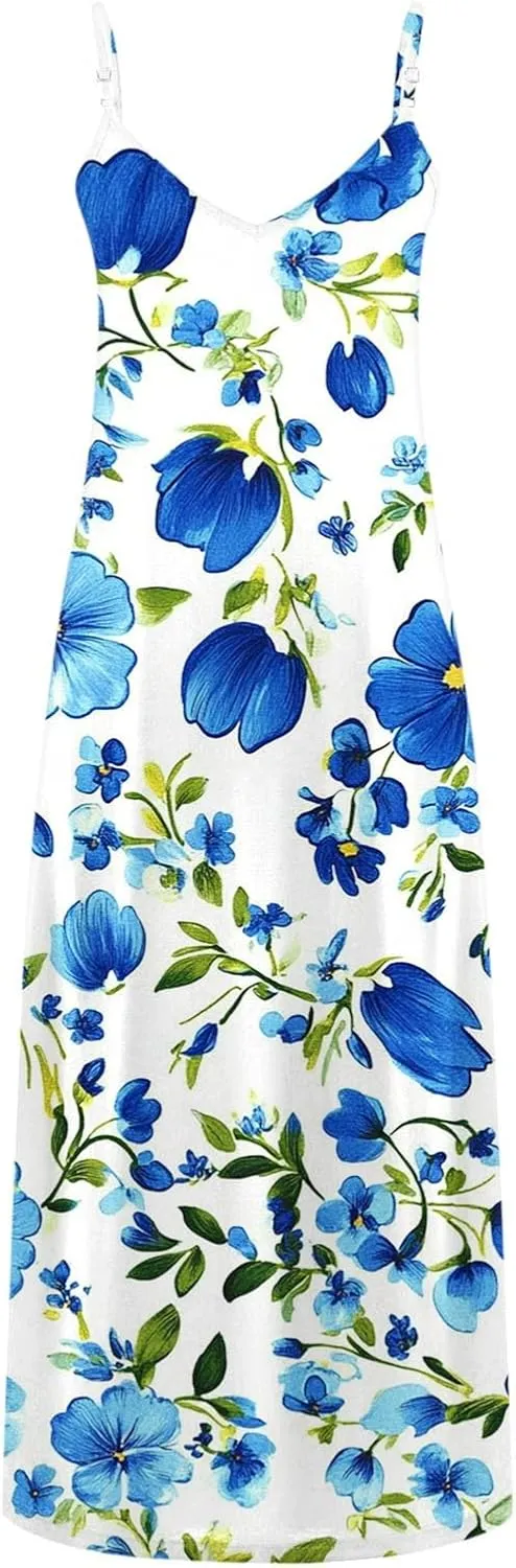 Summer Dresses for Women 2025 Vacation Plus Size Sleeveless Floral Slip Boho Maxi Dress Casual V Neck Beach Sundress