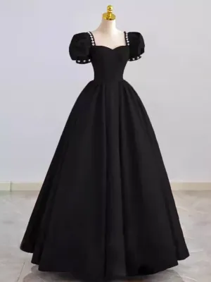 Vintage Ball Gown Satin Black Long Prom Dress Wedding Party Dresses