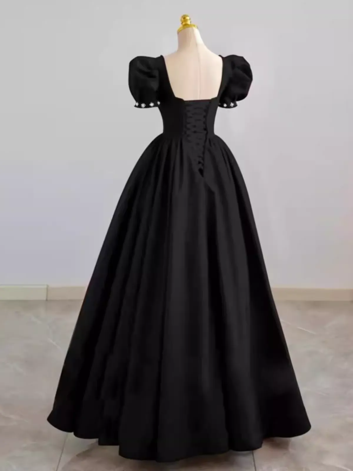 Vintage Ball Gown Satin Black Long Prom Dress Wedding Party Dresses