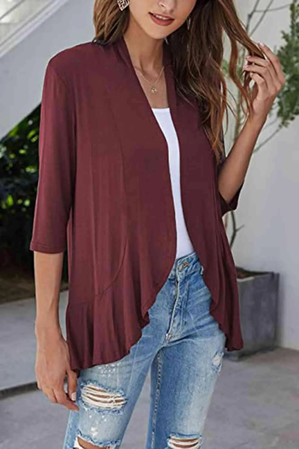 Warm Hug Ruffle Trim Open Front Cardigan