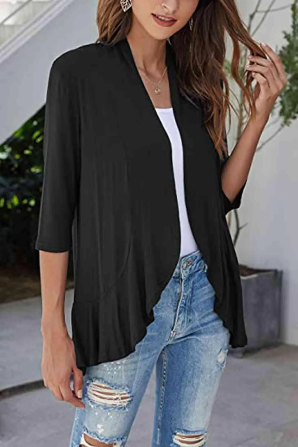 Warm Hug Ruffle Trim Open Front Cardigan