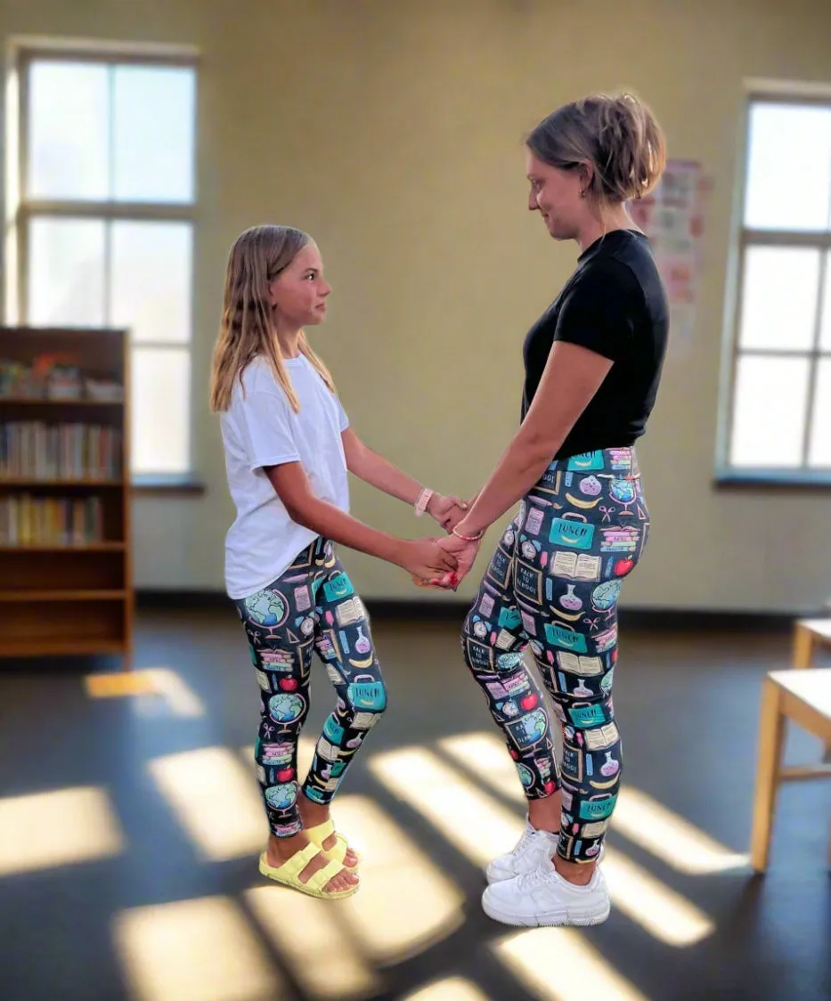 Womens Back To School Theme Teacher Leggings, Soft Yoga Pants, Sizes OS/TC, Yoga Waist, Gray/Multi, Exclusive Leggings