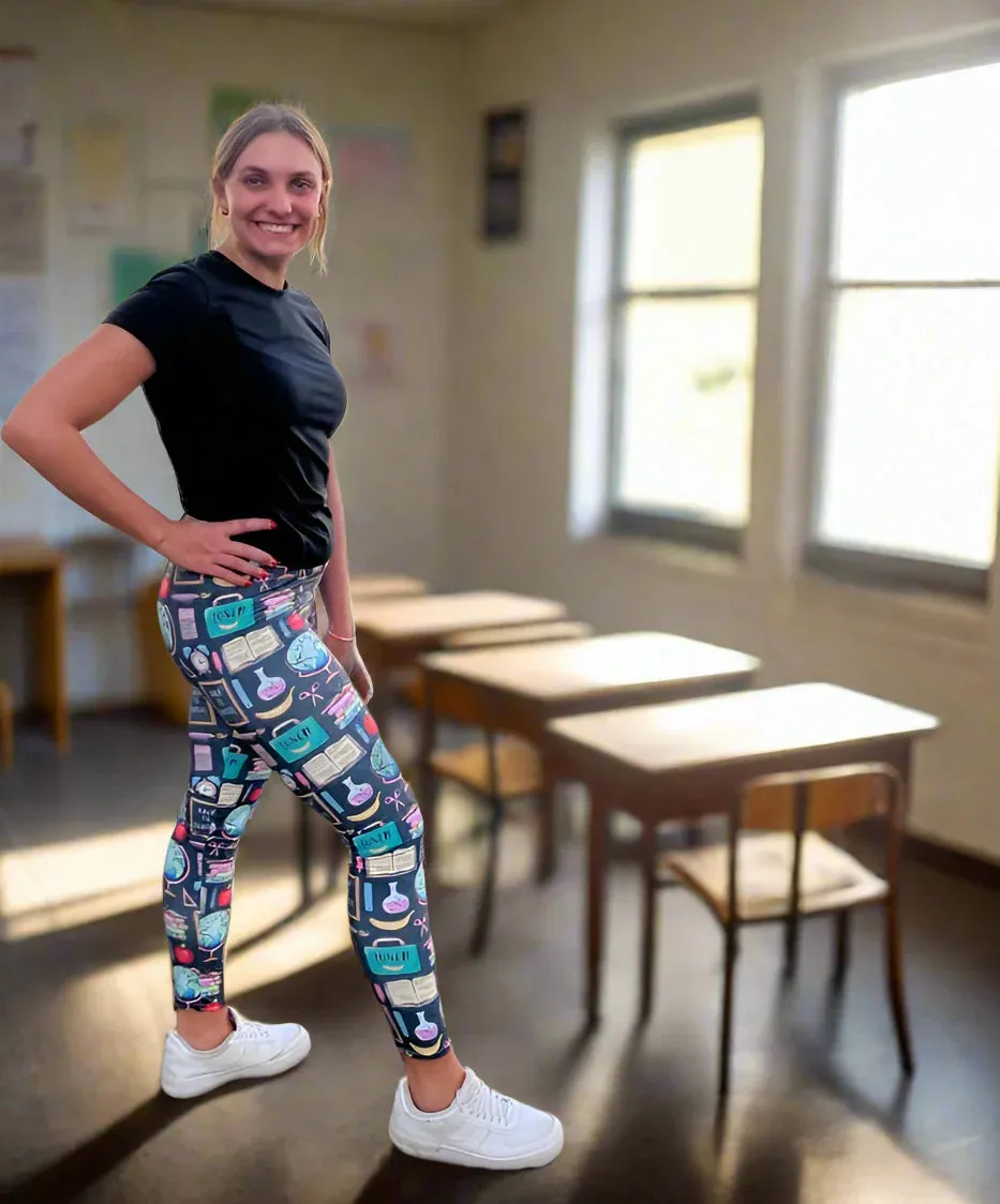 Womens Back To School Theme Teacher Leggings, Soft Yoga Pants, Sizes OS/TC, Yoga Waist, Gray/Multi, Exclusive Leggings