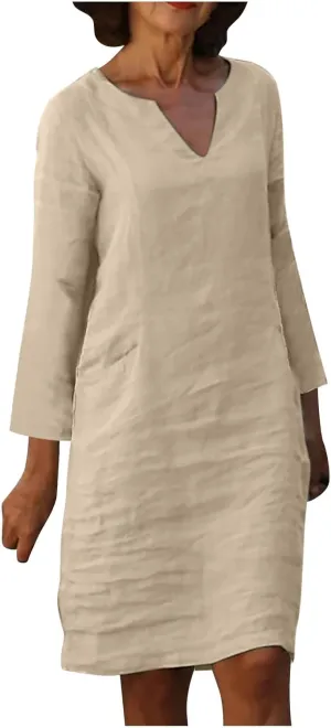 Womens Dresses Casual Loose Fit Cotton Linen Notch V Neck Mini Dress Summer Long Sleeve Going Out Dress for Ladies
