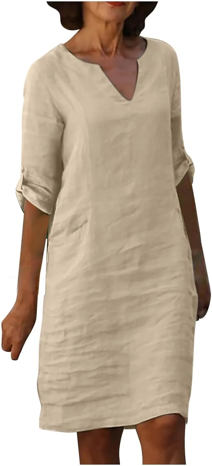 Womens Dresses Casual Loose Fit Cotton Linen Notch V Neck Mini Dress Summer Long Sleeve Going Out Dress for Ladies