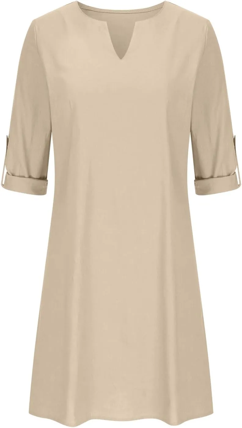 Womens Dresses Casual Loose Fit Cotton Linen Notch V Neck Mini Dress Summer Long Sleeve Going Out Dress for Ladies