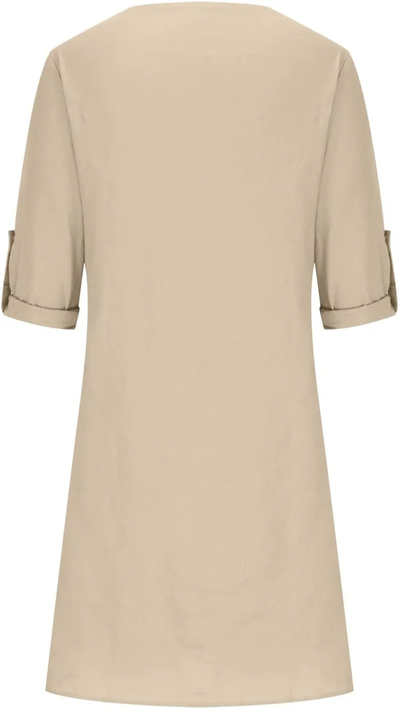 Womens Dresses Casual Loose Fit Cotton Linen Notch V Neck Mini Dress Summer Long Sleeve Going Out Dress for Ladies