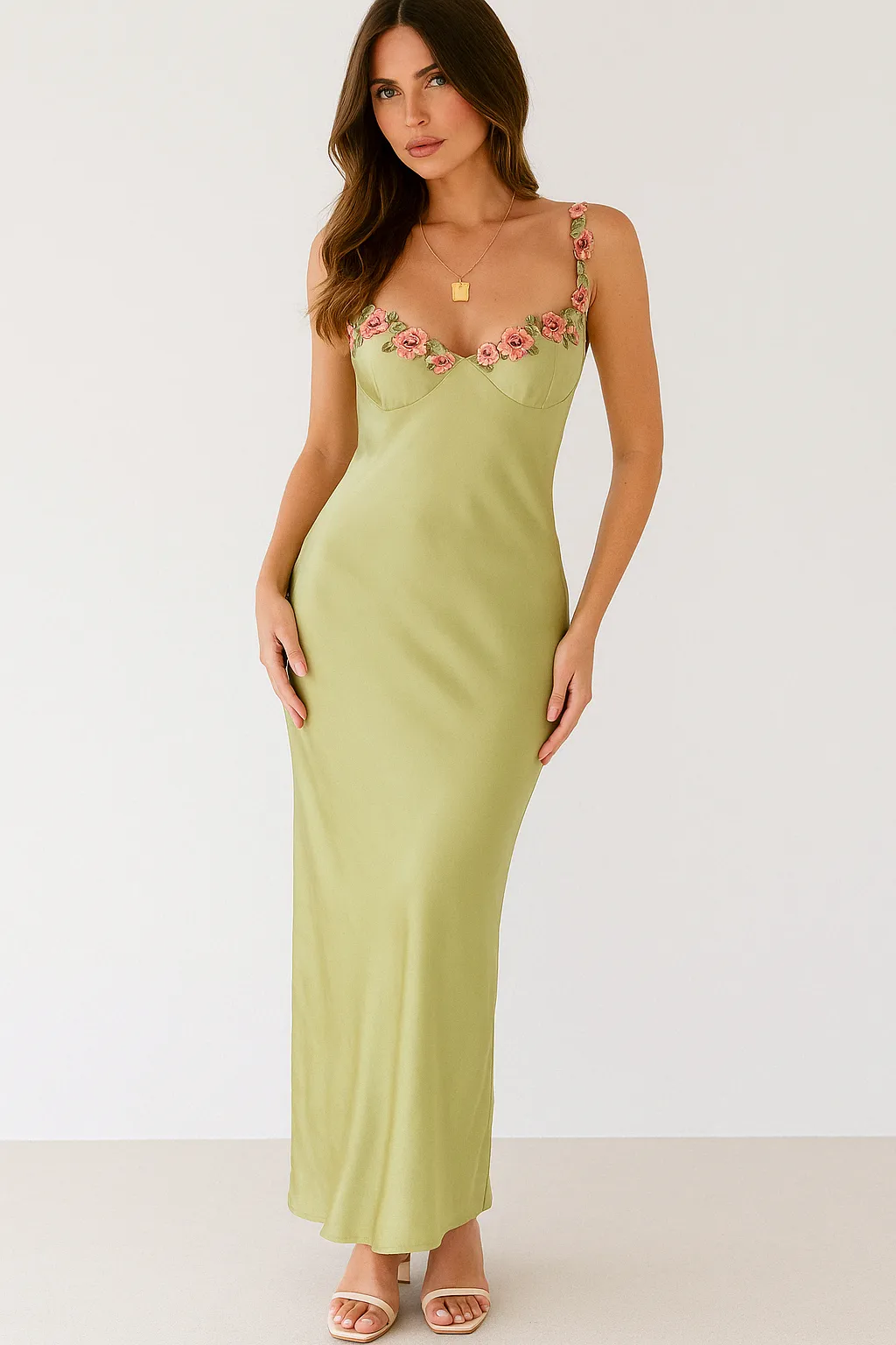 Womens Maxi Dress  Slim Fit  Satin Feel  Floral Embroidered  Formal Wear