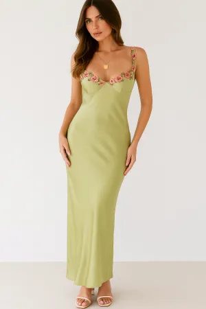 Womens Maxi Dress  Slim Fit  Satin Feel  Floral Embroidered  Formal Wear